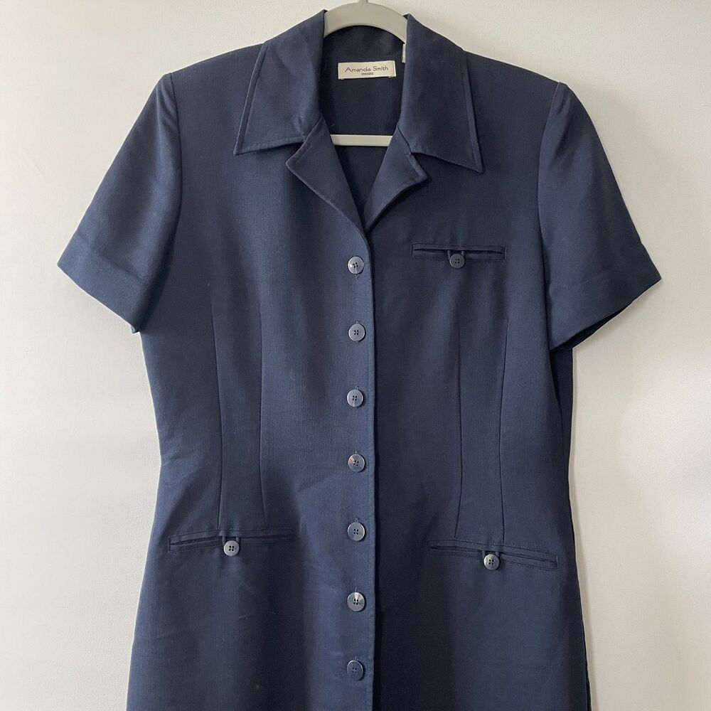 Vintage Y2K Amanda Smith Shirt Dress Collared Short Sleeve Button Front Navy 8 - Picture 4 of 12